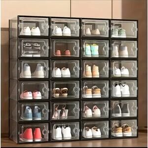24 Piece Shoe Storage Boxes Plastic Organizers Stackable Large Black Sneaker